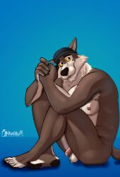 2025 absurd_res anthro areola armpit_hair balls bent_legs berngruff biceps blep blue_background bodily_fluids body_hair canid canine canis casual_nudity claws clothing epic_games eyebrows flaccid foreskin fortnite fur genital_fluids genitals glans hat headgear headwear hi_res humanoid_genitalia humanoid_penis looking_at_viewer male mammal muscular muscular_anthro muscular_male nipples nude pecs penis plantigrade precum scar shadow side_view signature simple_background sitting smile solo tongue tongue_out tuft uncircumcised unretracted_foreskin wendell_(fortnite) wolf