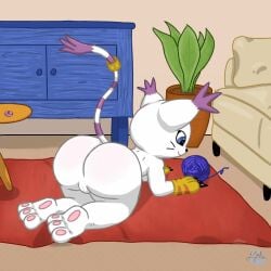 2025 animated anthro anthro_only ass ass_focus big_ass big_butt butt_focus cat_ears cat_tail digimon digimon_(species) feline female furniture gatomon looking_at_object majika plant pussy rug shaking_butt sofa solo solo_female tail vagina yarn_ball