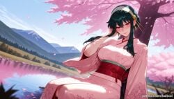 ai_generated balecxi black_hair blush cherry_blossoms closed_mouth day earrings female floral_print japanese_clothes jewelry large_breasts looking_at_viewer mountain obi outdoors petals pink_kimono red_eyes sash sidelocks sitting smile solo spy_x_family tree water white_hairband wide_sleeves yor_briar yor_forger