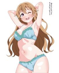 1girls ;d absurdres anime_coloring aqua_bra aqua_panties armpits arms_behind_head blush bra breasts brown_hair cowboy_shot female flower-trimmed_bra flower-trimmed_panties flower_trim hair_between_eyes highres konoe_kanata long_hair looking_at_viewer love_live! love_live!_nijigasaki_high_school_idol_club navel one_eye_closed open_mouth panties purple_eyes shinonome_sakura simple_background smile solo standing straight_hair teeth translated underwear underwear_only upper_teeth_only white_background