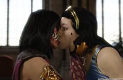 2girls 3d armor black_hair clone clonecest closed_eyes dress edenian female female_only formal_wear french_kiss fully_clothed hybrid imminent_kiss imminent_sex intimate kiss_on_lips kitana kiteena leaning_forward mileena monster_girl mortal_kombat mortal_kombat_11 neck_grab open_eyes royalty selfcest sisters smokescreen117 suggestive_look surprised tarkatan yuri yuri