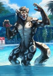 anthro balls black_body black_fur claws clockhands felid feline finger_claws fluffy fluffy_tail fur genitals green_eyes hi_res kemper looking_at_viewer male mammal muscular muscular_male nude open_mouth pawpads slit solo spots spotted_body spotted_fur tail water wet white_spots