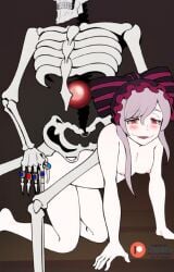 ainz_ooal_gown anonymanonymus eyeless_male headwear jewelry naked on_all_fours overlord_(maruyama) pink_hair red_eyes shalltear_bloodfallen skeleton