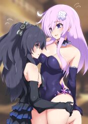 2023 2girls big_breasts black_hair compile_heart dress female_only idea_factory katade leotard long_hair nepgear neptunia_(series) pink_hair purple_eyes red_eyes sitting_on_lap uni_(neptunia) yuri