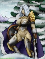 1girls athletic_female big_breasts bikini_armor blizzard_entertainment human human_(world_of_warcraft) light-skinned_female light_skin max_blackrabbit original_character skimpy skimpy_armor skimpy_clothes snowblind solo thighhighs warcraft white_hair world_of_warcraft x90mmcannons