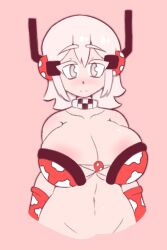 1girls areola_slip cloudfall collar gijinka huge_breasts humanized minecraft mob_talker mooshroom mooshroom_(minecraft) white_eyes white_hair