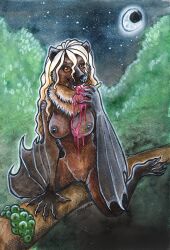 2023 anthro bat breasts chiropteran female fruit fruit_bat furry looking_at_viewer moon night nipples nude pussy shiverz