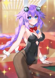 1girls big_breasts binato_lulu blue_eyes braided_hair bunnysuit card_between_breasts female_only neptune_(neptunia) neptunia_(series) poker_cards power_symbol-shaped_pupils purple_hair purple_heart_(neptunia) ribbon solo solo_female table_humping very_long_hair