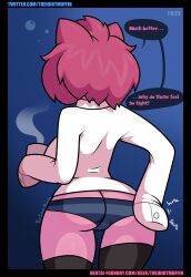 1girls animal_ears ass back back_view dialogue dress_shirt female humanoid itching jigglypuff long_sleeves mug panties phoebe_(theidiotmuffin) pink_hair pink_skin pokemon pokemon_(species) pokemon_rgby scratching scratching_butt signature sleepy solo speech_bubble striped_panties text theidiotmuffin thighhighs url wide_hips