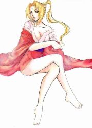 1girls artist_request bare_legs blonde_female blonde_hair cleavage clothed_female forehead_jewel naruto obi orange_eyes ponytail red_kimono sideboob solo solo_female straight_hair tsunade