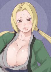 artist_request blonde_female blonde_hair clothed_female forehead_jewel green_robe large_lips naruto orange_eyes ponytails sideboob solo solo_female tsunade twintails