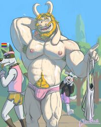 2_horns 3boys anthro asgore_dreemurr bodily_fluids bovid canid canine canis caprine clothed clothing dogamy doggo_(undertale) domestic_dog erection erection_under_clothing gay glass0milk goat group hi_res horn male male/male male_only mammal muscular muscular_anthro muscular_male nipples outdoors pecs public royal_guard_(undertale) sweat trio undertale undertale_(series) underwear