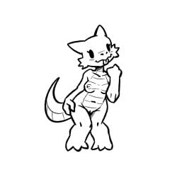 1:1 2023 467adv anthro areola biped blush blush_lines breasts claws eyelashes female genitals kobold markings monochrome navel nipples paws pussy scale_markings scales scalie smile solo tail tail_markings tongue tongue_out