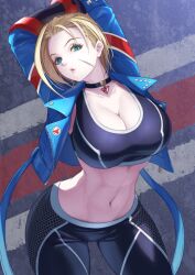 1girls blonde_hair breasts busty cammy_white capcom choker cleavage curvaceous female female_only green_eyes jacket large_breasts leather_jacket leggings looking_at_viewer midriff navel necklace oppai pendant scar skin_tight solo sports_bra street_fighter street_fighter_6 streetwear voluptuous wide_hips yoga_pants