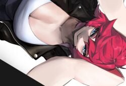 big_breasts breasts cleavage female red_hair tagme white_topwear woobin94