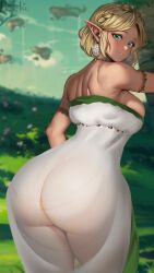 1girls ass ass_focus back_view big_ass blonde_hair breasts green_eyes hi_res looking_at_viewer looking_back nintendo pointy_ears princess_zelda rezeharu short_hair sideboob smile solo tears_of_the_kingdom the_legend_of_zelda zelda_(tears_of_the_kingdom)