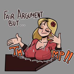 blonde_hair cleavage fair_argument_but… lana_wake lipstick meme original_character red_dress red_fingernails rose_in_hair sqootshy