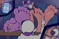 2019 3:2 5_toes absol ankou_(nommz) anthro barefoot big_feet callow_clay cellphone clothed clothing collar digit_ring digital_media_(artwork) duo feet foot_fetish foot_focus fur furniture generation_3_pokemon hair huge_feet humanoid_feet jewelry larger_anthro male male/male mammal mouse murid murine nintendo nommz paws phone plantigrade pokemon pokemon_(species) rat ring rodent simple_background sitting size_difference sofa soles toe_ring toes white_body white_fur