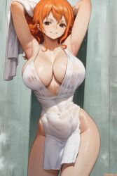 1girls ai_generated amiral_ai armpits breasts cleavage cutesexyrobutts_ai_artstyle_imitation dress female female_only huge_breasts light-skinned_female light_skin long_hair nami naughty_face one_piece orange_hair post-timeskip presenting_armpit