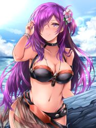 1girls alternate_costume bikini black_bikini black_swimsuit bracelet cleavage female female_only fire_emblem fire_emblem:_three_houses fire_emblem_heroes fire_emblem_warriors:_three_hopes flower flower_in_hair hair_over_one_eye highres kei_(asufend) large_breasts light-skinned_female light_skin long_hair necklace nintendo official_alternate_costume purple_eyes purple_hair shez_(female)_(fire_emblem) shez_(fire_emblem) solo