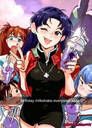 1boy 3girls asuka_langley_sohryu black_hair blue_hair blush breasts brown_hair characterful clothed dress drink english_text female female_focus food grimace_shake human jacket light-skinned_female light_skin long_hair male mcdonald's meme milkshake misato_katsuragi multiple_girls neon_genesis_evangelion open_mouth orange_hair purple_hair rei_ayanami shinji_ikari short_hair smile snapchat snegovski text wink