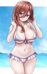 bikini blue_eyes blush brown_hair cleavage female_only go-toubun_no_hanayome hair_between_eyes large_breasts medium_hair nakano_miku r-binon solo_focus sweat swimsuit thick_thighs thighs underwear wide_hips