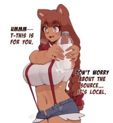 1girls anthro bear_ears beau_(luxurias) big_breasts braid brown_body brown_eyes brown_hair dialogue english_text female female_only hair_ribbon hi_res jean_shorts long_hair looking_away luxurias milk milk_bottle minishorts original solo spiral_eyes steamy_breath suggestive suspenders sweatdrop twin_braids ursid ursine white_background