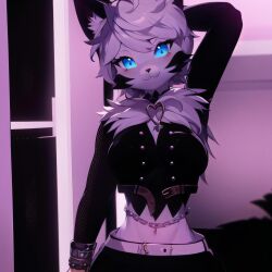 anime_style blue_eyes cat_ears cat_tail catgirl cleavage cute cute_expression feline female female_only kazllab_vrc navel open_shirt skirt tiktok tuft tuft_chest tufted_ears tufted_fur