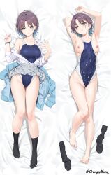 after_sex ahoge armpits arms_up asakura_toru bare_legs bed_sheet black_socks blue_hair blush bracelet breasts cardigan_removed clothes_lift collarbone competition_swimsuit cum cum_on_body dakimakura_(medium) dakimakura_design earrings female fingernails full_body gradient_hair groin idolmaster idolmaster_shiny_colors jewelry looking_at_viewer medium_breasts multicolored_hair nail_polish nipples one-piece_swimsuit open_clothes open_shirt pleated_skirt purple_hair pussy school_uniform short_hair skirt skirt_lift smile socks socks_removed swimsuit swimsuit_aside swimsuit_under_clothes thigh_gap toes twitter_username uncensored yd_(orange_maru)