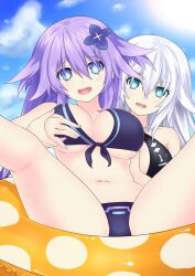 2girls aqua_eyes beach big_breasts bikini black_heart blue_eyes breast_grab cleavage embarrassed female_only hair_ornament innertube katade neptune_(neptunia) neptunia_(series) noire outdoors power_symbol purple_hair purple_heart_(neptunia) spread_legs swimsuit symbol-shaped_pupils white_hair yuri