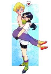 2girls ass blonde_hair blue_eyes blush boots carrying_partner deep_blush dragon_ball dragon_ball_z erasa female female/female female_focus female_only gloves had_a_dream_everyone_was_drawing_lesbian_ships_like_this_(meme) happy_female heart jeans light-skinned_female light_skin meme pants puffphox rozenphox shoes size_difference videl yuri