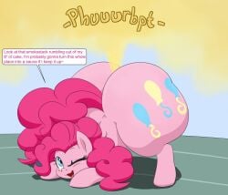 ass big_ass blue_eyes cutie_mark dendollae dialogue earth_pony english_text equid equine fart fart_cloud fart_fetish female female_only feral feral_only friendship_is_magic hair hasbro horse huge_ass mammal my_little_pony one_eye_closed open_mouth open_smile pink_body pink_fur pink_hair pink_tail pinkie_pie_(mlp) pony smile tail text thick_thighs wide_hips wink