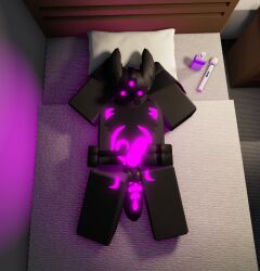 3d balls erection furry glowing_penis kaiju_paradise laying_on_bed male nightcrawler_(kaiju_paradise) penis roblox roblox_game showing tagme vibrator