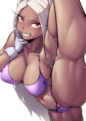 1girls animal_ears arm_up armpits athletic_female boku_no_hero_academia bra breasts cameltoe cleavage cleft_of_venus collarbone dark-skinned_female dark_skin female finger_to_cheek fit_female gloves highres kemonomimi large_breasts long_eyelashes long_hair looking_at_viewer mature_female maxlikeapicture miruko my_hero_academia navel panties parted_bangs purple_bra purple_panties rabbit_ears rabbit_girl red_eyes rumi_usagiyama smile solo split splits standing standing_on_one_leg standing_split thick_thighs thighs toned underwear variant_set vertical_splits white_gloves white_hair