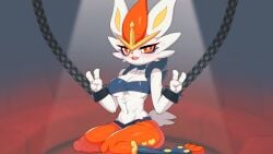 1girls 2d anthro breasts bunny_ears bunny_tail chains cinderace drunkoak female female_cinderace female_focus female_only flushed furry humanoid nintendo orange_eyes pokémon_(species) pokemon white_fur