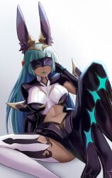 blue_hair bunny_ears bunny_girl ciella clothed_female cygames dark-skinned_female dark_skin dragalia_lost female female_only lipstick mask nintendo spread_legs thigh_gap thighhighs thighs yenn8