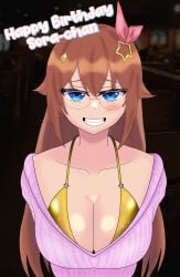 bikini blue_eyes blush brown_hair cute eddarxart glasses gold_bikini hair hair_ornament hololive hololive_gen_0 hololive_japan looking_at_viewer pink_clothing pink_sweater ribbed_sweater seductive seductive_eyes seductive_gaze seductive_look seductive_smile smug smug_smile streamer sweater teeth tokino_sora virtual_youtuber vtuber yellow_bikini