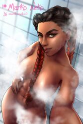 1girls 2d apex_legends braid braided_hair braided_twintails breasts dark-skinned_female dark_skin female female_only helix_piercing loba loba_(apex_legends) loba_andrade marikoneko marikoneko0 naked nude respawn_entertainment selfie steam steam_censor