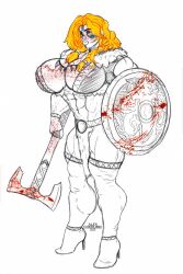 abs alexcherubic axe barbarian big_breasts blood breasts female female_only high_heels loincloth long_hair muscle muscles muscular muscular_female navel original pelvic_curtain shield warrior yellow_eyes yellow_hair