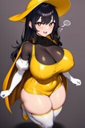 ai_generated big_breasts black_hair bodysuit boots_on cape clothing genderbend genderswap genderswap_(mtf) gloves happy hat looking_at_viewer mouth_open no_sex pizza_tower rule_63 smiling smiling_at_viewer standing the_noise thick_ass thick_thighs yodayo