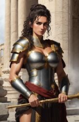 ai_generated athena athena_(greek_mythology) athletic_female black_hair curly_hair female female_only goddess greece greek greek_mythology hair_bun medium_breasts mythology outdoors virgin