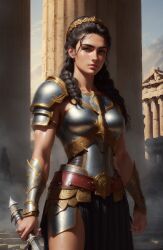 ai_generated athena athena_(greek_mythology) athletic_female black_hair female female_only fog goddess greece greek greek_mythology hair_bun medium_breasts mythology outdoors virgin