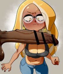 1boy absurdres bar_censor bibi_(splatoon) blonde_hair blue_pants blush breasts censored cleavage cowboy_shot dark-skinned_male dark_skin denim denim_bottomwear denim_clothing denim_jeans female glasses grey_background highres jeans large_penis low-riding low_rise medium_breasts midriff navel nuclearwasabi pants penis precum round_eyewear shadow splatoon splatoon_(series) splatoon_2 testicles veins veiny_penis yellow_eyes