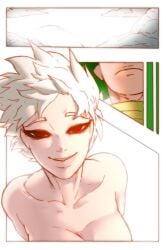 1boy 1girls all_for_one big_breasts breasts breasts_out cleavage clothed clothing comic comic_page eyeshadow female female_focus flying genderswap_(mtf) green hair hensket izuku_midoriya large_breasts midoriya_izuku my_hero_academia naked naked_female nude_female pale-skinned_female pale_skin red_eyes rule_63 short_hair smile thick_lips white_hair