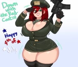 4th_of_july absurd_res alternate_costume american_flag bianca_leone_(doocen) big_breasts blush breasts child_bearing_hips cleavage cleavage_overflow curvaceous curvy curvy_figure digital_media dimples_of_venus doocen female female_focus female_only freckles freckles_on_breasts gloves green_eyes gun huge_breasts lipstick looking_at_viewer m4 military military_uniform original_character pale-skinned_female red_hair rifle salute simple_background smile southern_accent thigh_squish thighhighs thighs tight_clothing trigger_discipline wide_hips