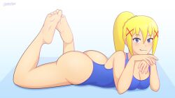 absurdres artist_name ass bare_shoulders big_ass big_breasts big_butt blonde_hair blue_eyes blue_one-piece_swimsuit blush breasts cleavage darkness_(konosuba) feet female highres huge_ass kono_subarashii_sekai_ni_shukufuku_wo! lackatask large_breasts long_hair looking_at_viewer one-piece_swimsuit ponytail simple_background smile solo swimsuit