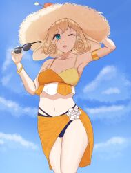 1girls annelie_(dragalia_lost) blonde_hair bunny_ears bunny_girl cygames dragalia_lost eyewear_removed female female_only hexel hexel_chan nintendo summer sun_hat sunglasses sunglasses_removed swimsuit swimwear sylvan two-piece_swimsuit wink winking_at_viewer