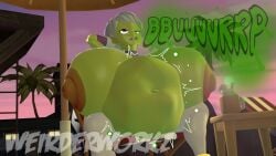 3d belly big_belly big_breasts breast_expansion breasts burp burp_cloud burping cheelai dragon_ball dragon_ball_super dragon_ball_z female female_pred female_prey green_skin hand_behind_head huge_belly huge_breasts massive_breasts mrweirdworkz nipples open_mouth oral_vore same_size_vore short_hair vore weirderworkz white_hair