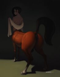 1boy 1femboy 2023 anus ass balls big_butt black_anus black_balls black_hair brown_body brown_fur centaur digital_media_(artwork) equid equid_taur equine_anus fur genitals girly hair hooves humanoid_taur light_body light_skin long_hair looking_at_viewer looking_back looking_back_at_viewer male male_only mammal mammal_taur presenting presenting_hindquarters quadruped raised_tail rajii solo standing submissive_male tail taur