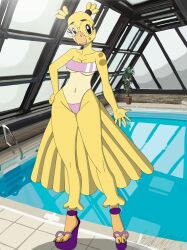 anthro avian bird bird_feet disney glasses gray_eyes gris_swimsuit kemono kiff_(series) one-piece_swimsuit parakeet patty_(kiff) pool poolside swimming_pool swimsuit swimwear twintails wedge_(footwear) wedge_heels yellow_feathers